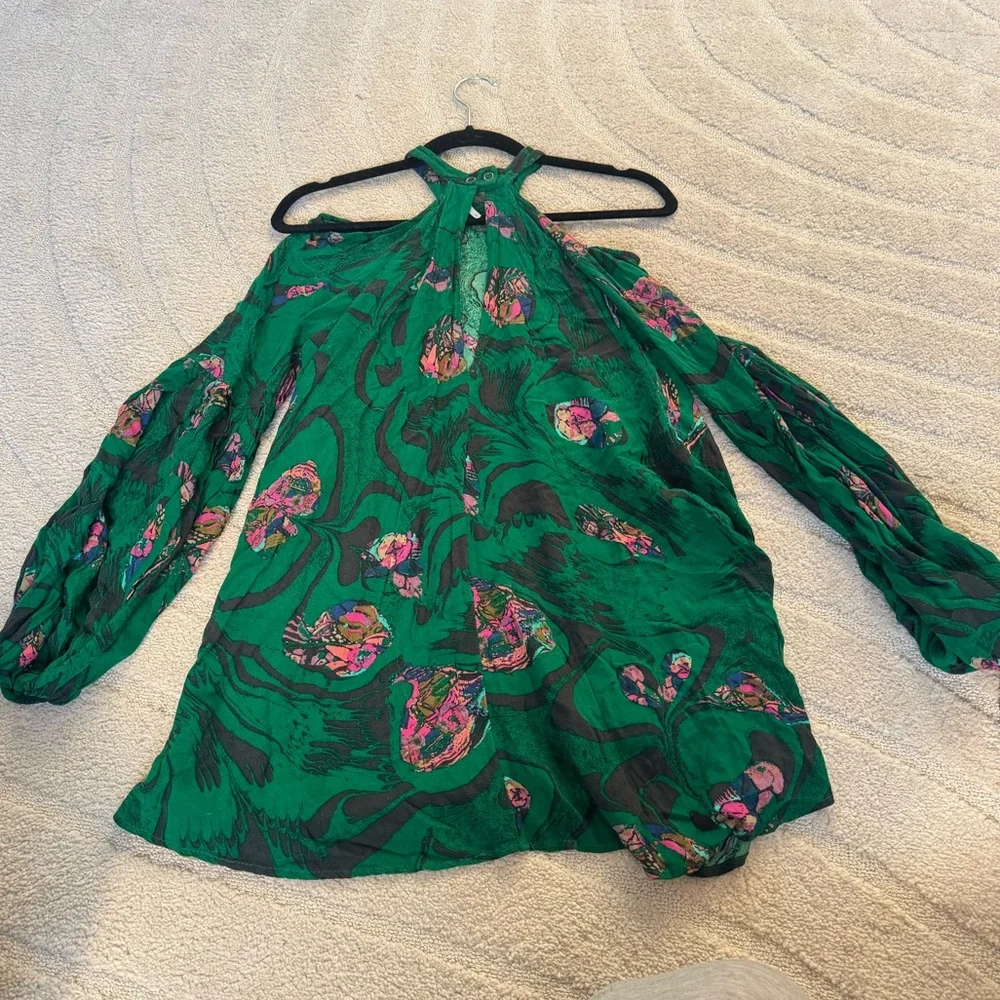 Free People Cold Shoulder Tunic‎ Dress Kelly Green Pink Size Small - Picture 6 of 6